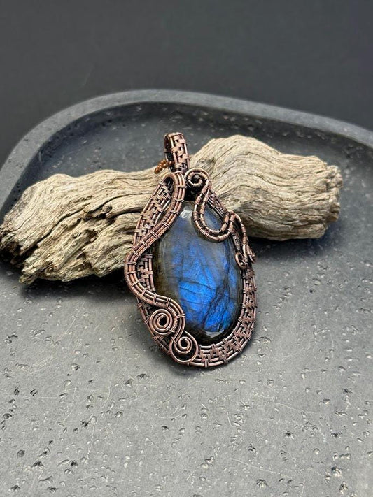 Copper Wire-Wrapped Labradorite Pendant Necklace