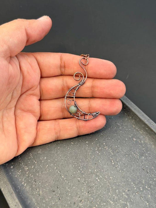 Amazonite Crystal Wire Wrapped in Copper - Moon - Dainty Pendant