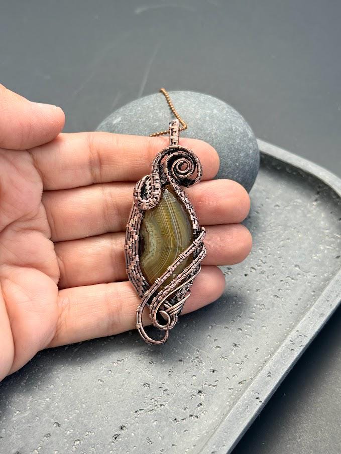 Copper Wire-Wrapped Brazilian Agate Pendant Necklace