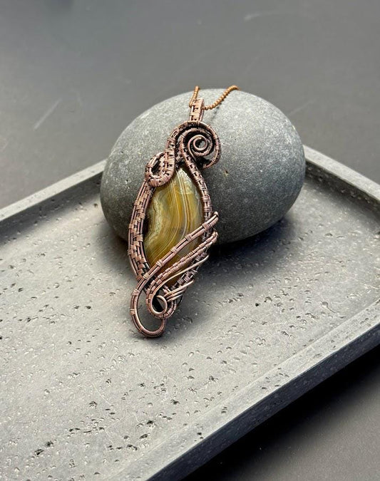 Copper Wire-Wrapped Brazilian Agate Pendant Necklace