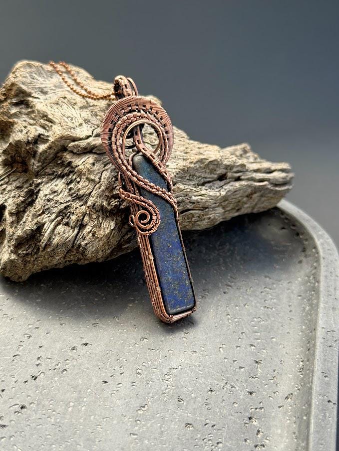 Copper Wire-Wrapped Lapis Lazuli Pendant Necklace