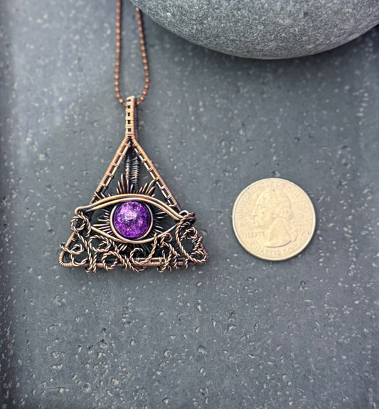 Copper Wire-Wrapped Quartz Eye Pendant Necklace