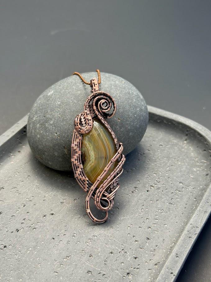 Copper Wire-Wrapped Brazilian Agate Pendant Necklace