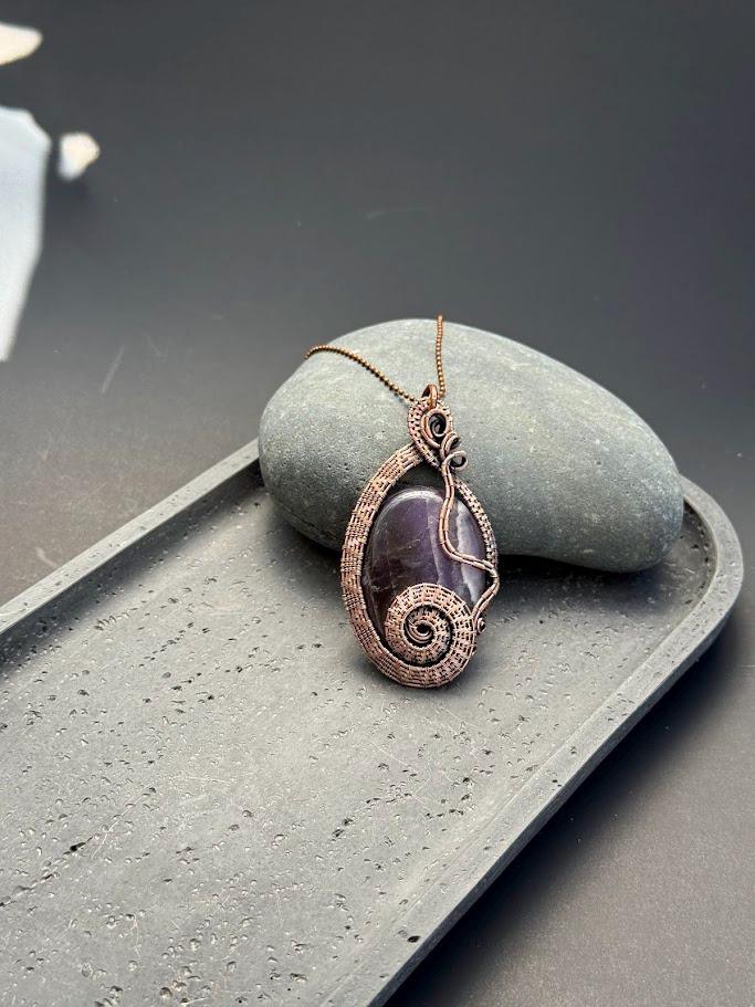 Copper Wire-Wrapped Amethyst Pendant Necklace