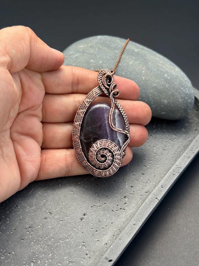 Copper Wire-Wrapped Amethyst Pendant Necklace