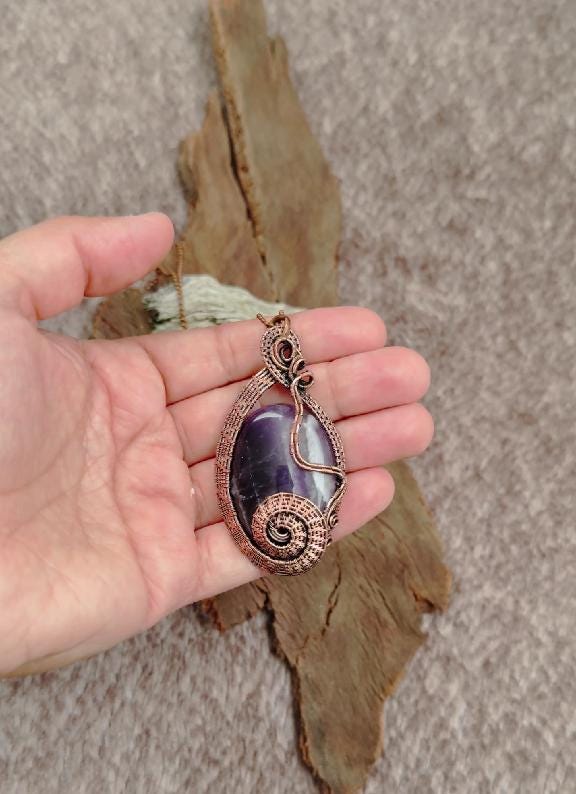 Copper Wire-Wrapped Amethyst Pendant Necklace