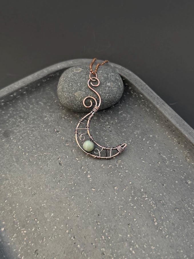 Amazonite Crystal Wire Wrapped in Copper - Moon - Dainty Pendant