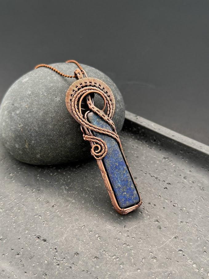 Copper Wire-Wrapped Lapis Lazuli Pendant Necklace