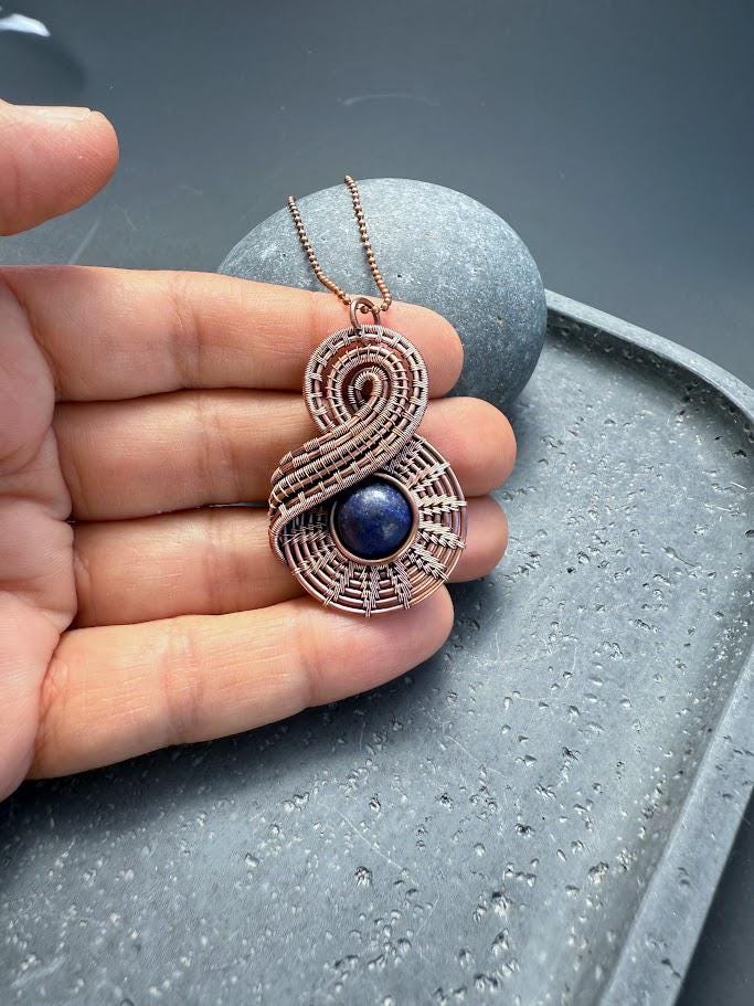 Copper Wire-Wrapped Lapis Lazuli Pendant Necklace