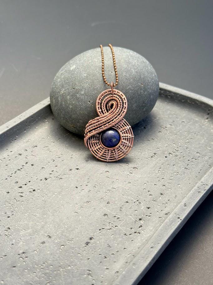 Copper Wire-Wrapped Lapis Lazuli Pendant Necklace
