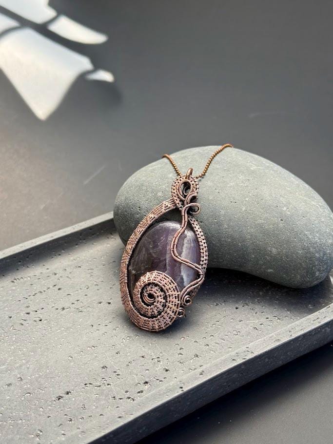 Copper Wire-Wrapped Amethyst Pendant Necklace
