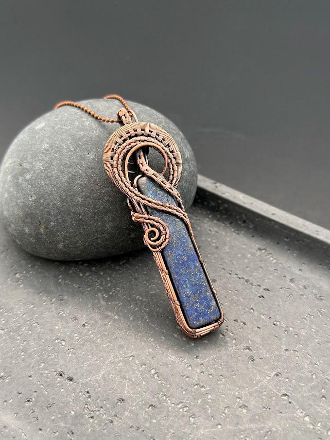 Copper Wire-Wrapped Lapis Lazuli Pendant Necklace