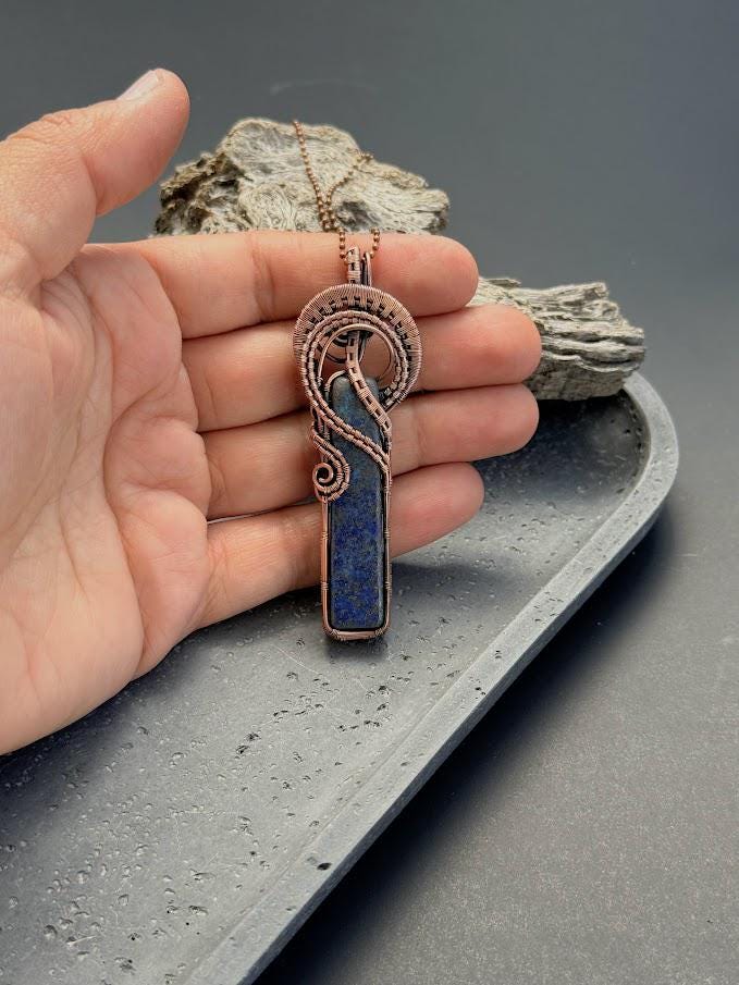 Copper Wire-Wrapped Lapis Lazuli Pendant Necklace