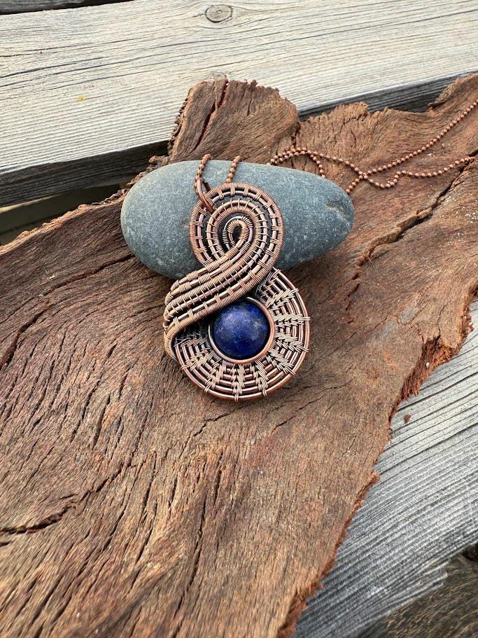 Copper Wire-Wrapped Lapis Lazuli Pendant Necklace