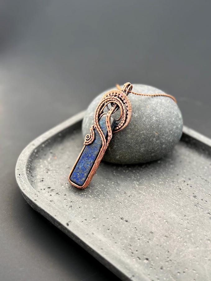 Copper Wire-Wrapped Lapis Lazuli Pendant Necklace
