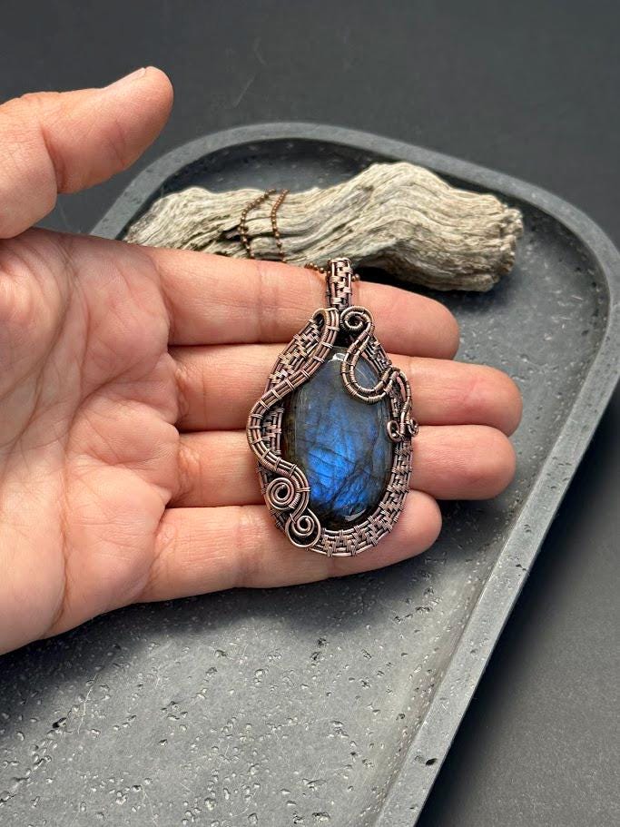 Copper Wire-Wrapped Labradorite Pendant Necklace