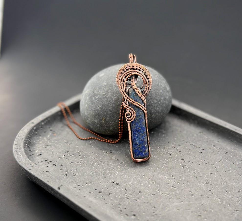Copper Wire-Wrapped Lapis Lazuli Pendant Necklace