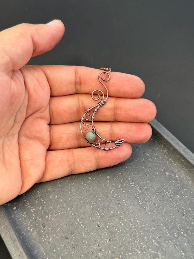 Amazonite Crystal Wire Wrapped in Copper - Moon - Dainty Pendant