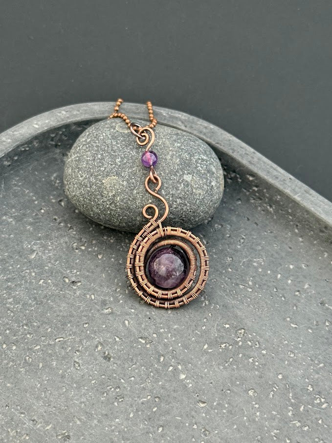 Amethyst Pendant in Intricate Copper Weave