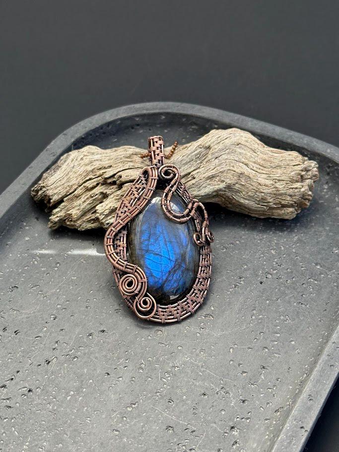 Copper Wire-Wrapped Labradorite Pendant Necklace
