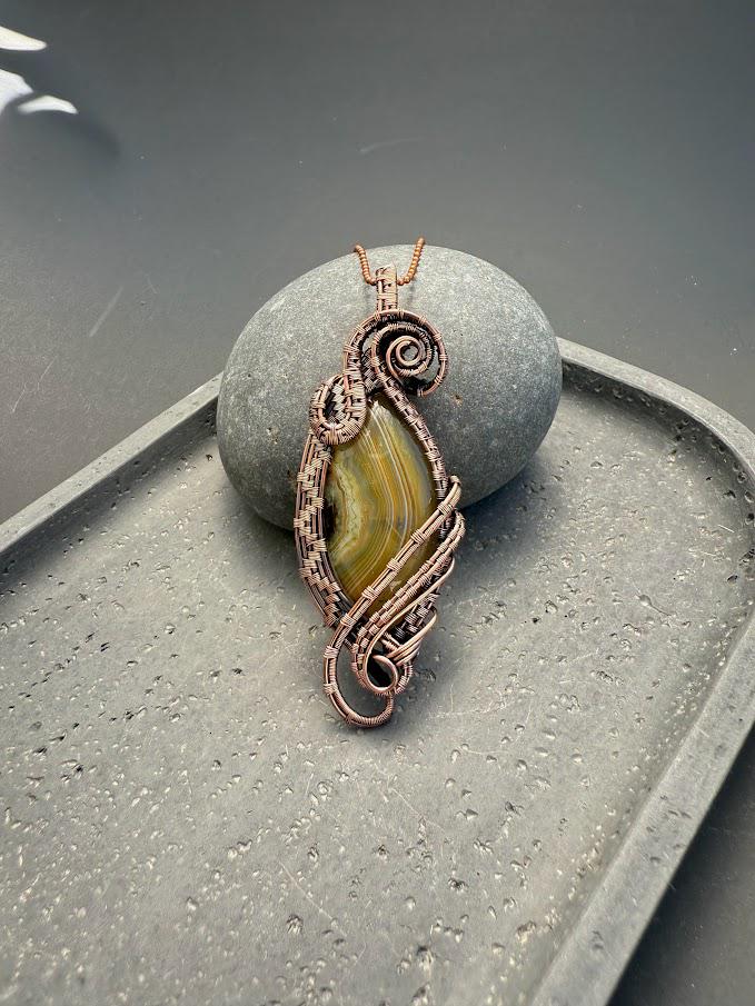 Copper Wire-Wrapped Brazilian Agate Pendant Necklace