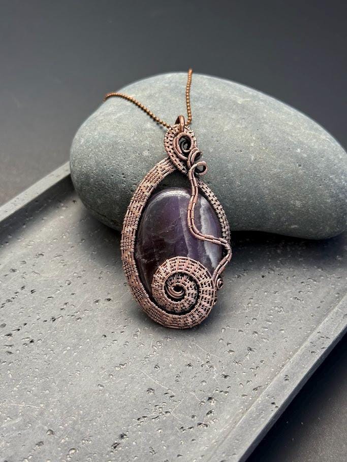 Copper Wire-Wrapped Amethyst Pendant Necklace