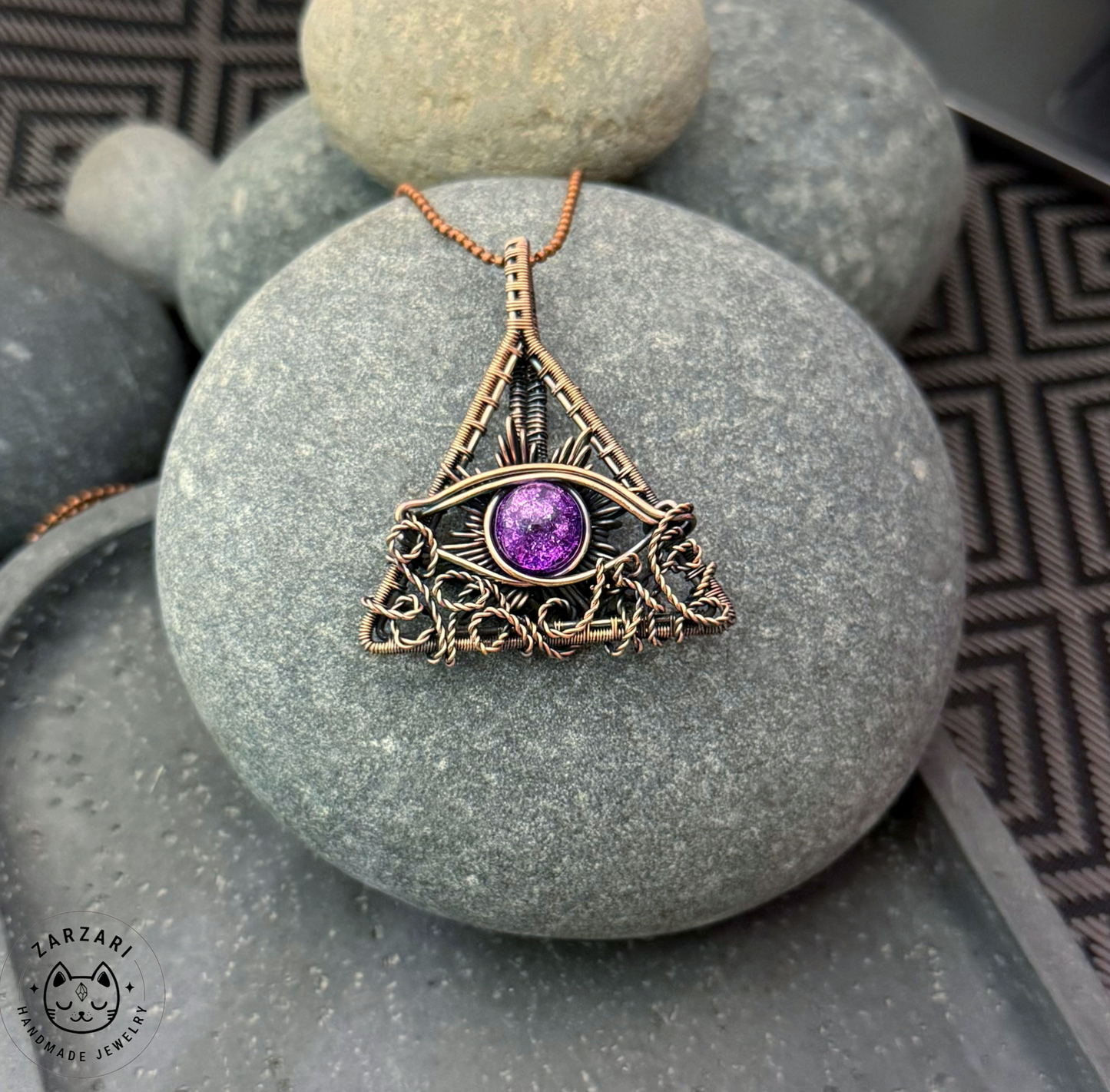 Copper Wire-Wrapped Quartz Eye Pendant Necklace