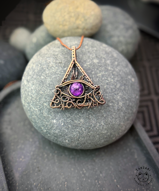 Copper Wire-Wrapped Quartz Eye Pendant Necklace