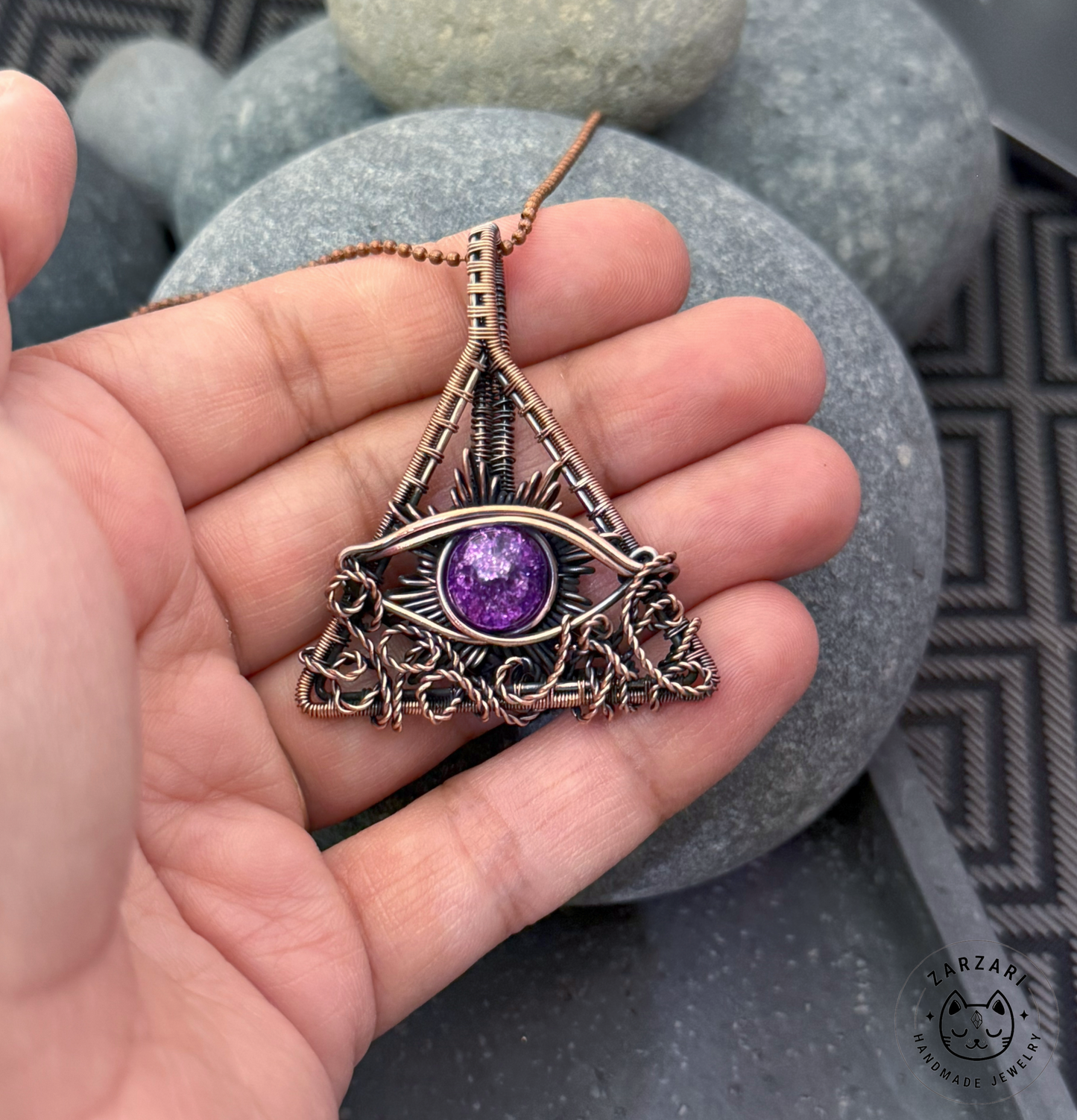 Copper Wire-Wrapped Quartz Eye Pendant Necklace